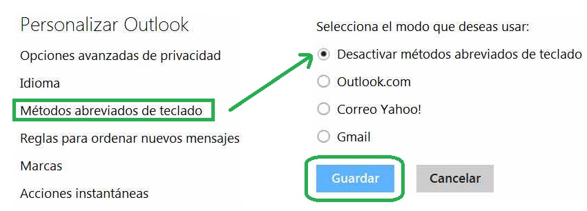 Cancelar los métodos abreviados para Outlook.com