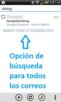El buscador de la aplicación Outlook.com para Android