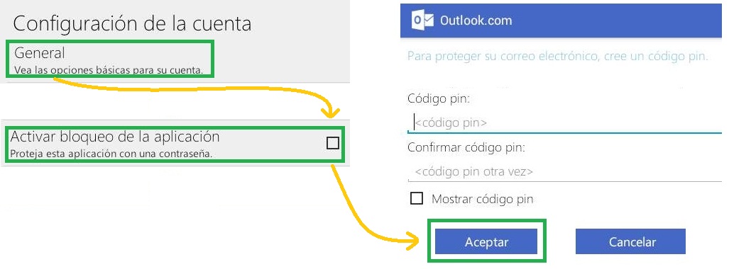 Establecer una clave para Outlook.com para Android