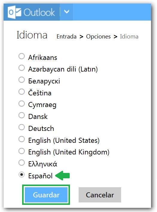 Utilizar Outlook en español